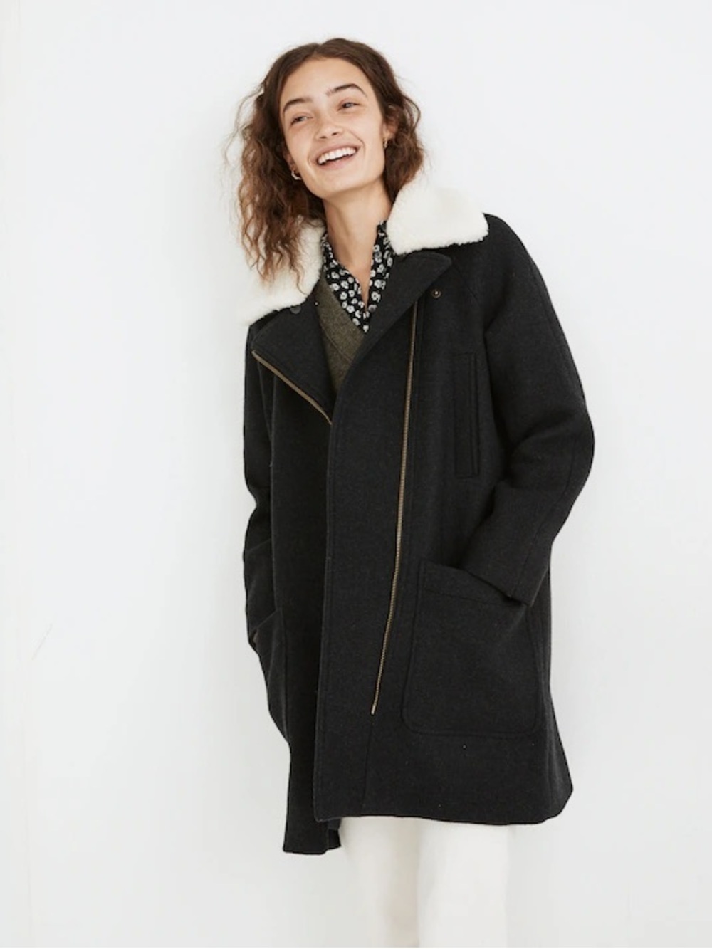 Madewell Eldridge Wool Cashmere Moto Coat Sherpa Collar Gray Small
